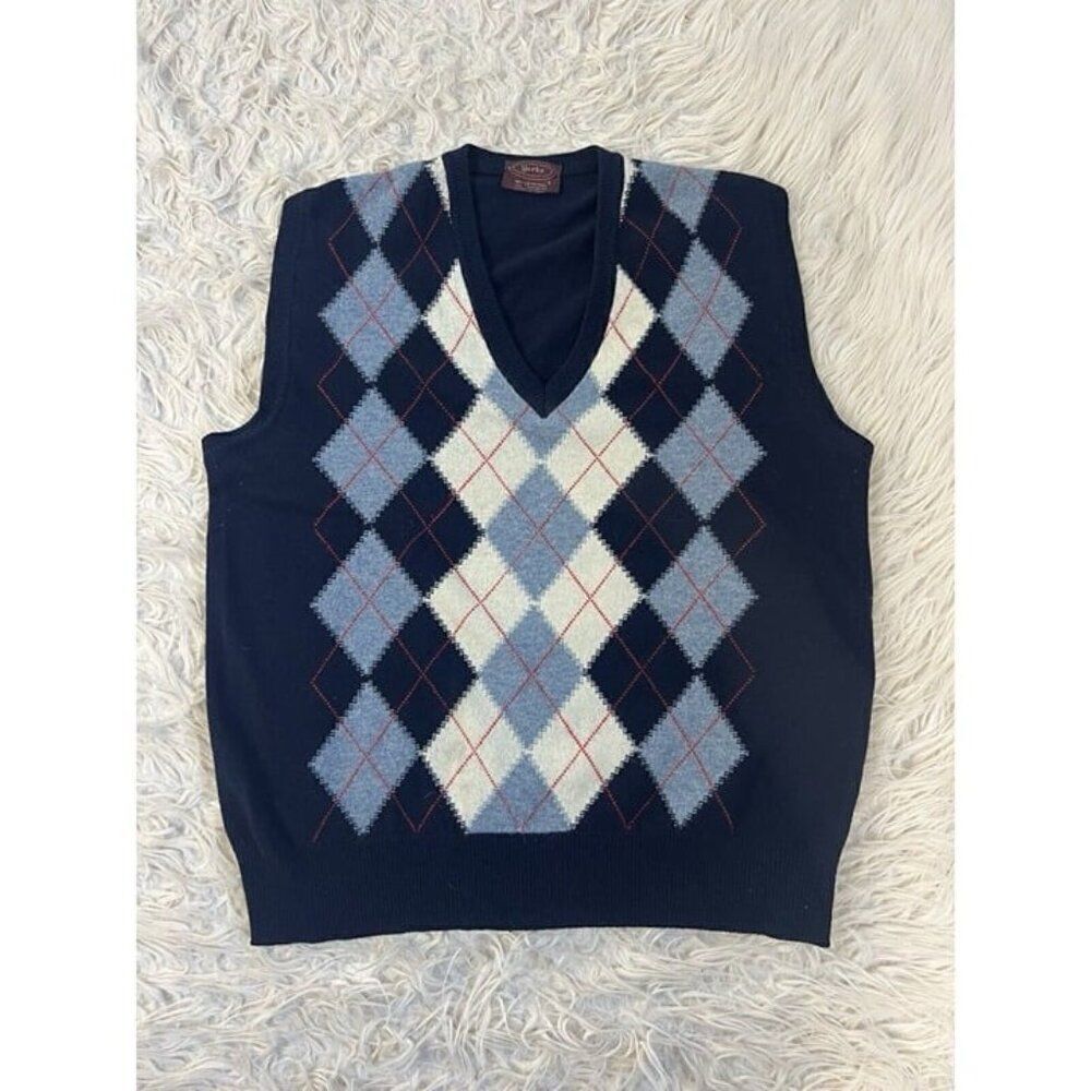 Yorke Vintage Blue & White Argyle 100% Lambswool Sweater Vest Mens Size Large